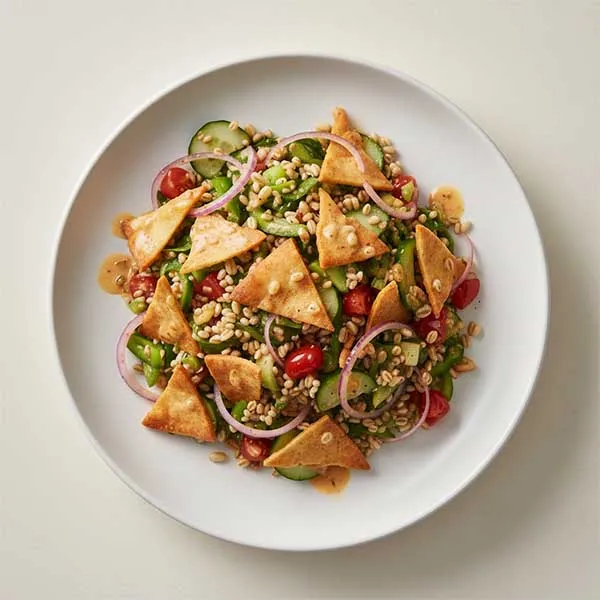 Cracked-Wheat & Herb Fattoush with Golden Pita Crisps & Citrus-Sumac Emulsion